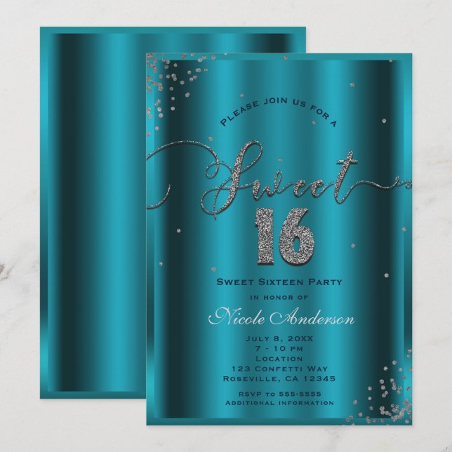 Invitation SWEET 16 Seize Aqua Bleu Argent Confetti Coins (Devant / Derrière)