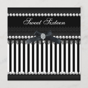 Invitation Sweet 16 Seize Black White Stripe Pearl Lace