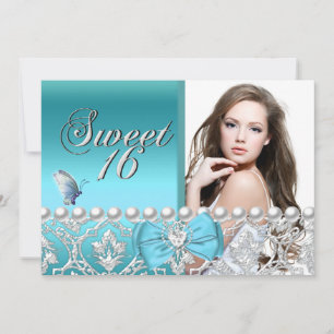 Invitation Sweet 16 Seize Bleu Damassé Papillon Ajouter une p
