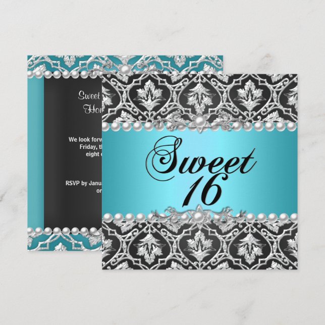 Invitation Sweet 16 Seize Bleu Sarcelle Aqua Noir Argent (Devant / Derrière)