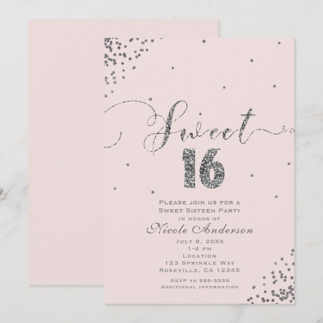 Invitation Sweet 16 Seize Blush Rose Argent Confetti Coin (Devant / Derrière)