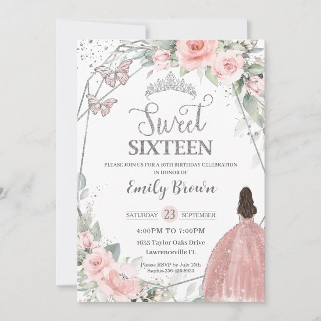 Invitation Sweet 16 Seize Blush Rose Floral Argent Anniversai (Devant)