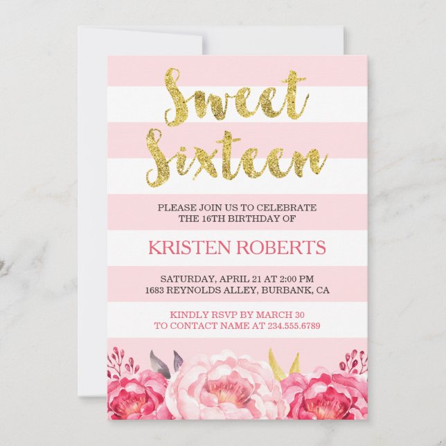 Invitation Sweet 16 (Seize) Blush rose Floral Dieu Parties sc (Devant)