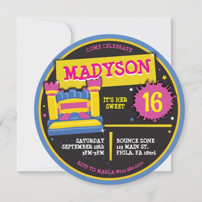 Invitation Sweet 16 Seize BOUNCE HOUSE CASTLE PRINCESS (Devant)