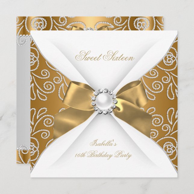 Invitation Sweet 16 Seize Bronze Gold Faux Diamond Party (Devant / Derrière)