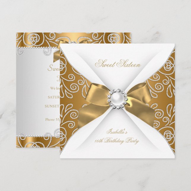 Invitation Sweet 16 Seize Bronze Or Faux Diamant Fête (Devant / Derrière)