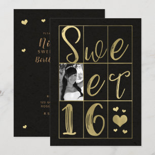 Invitation SWEET 16 SEIZE Cœurs Or & Noir Photo