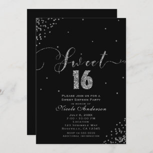 Invitation SWEET 16 Seize Coin Confetti Noir & Argent