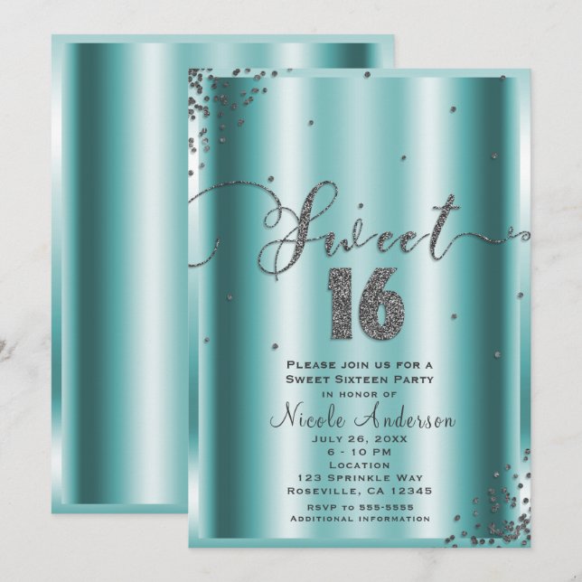 Invitation SWEET 16 Seize Coins Aqua & Silver Confetti (Devant / Derrière)