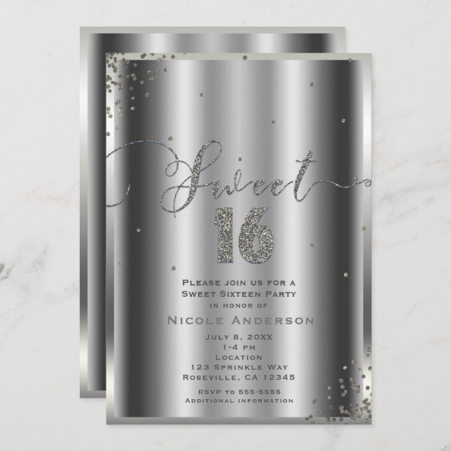 Invitation SWEET 16 Seize Coins Confetti Glam Argent (Devant / Derrière)