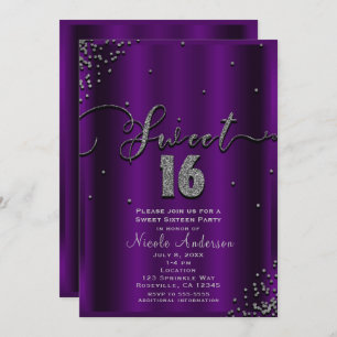 Invitation SWEET 16 Seize coins confetti mauve et argent