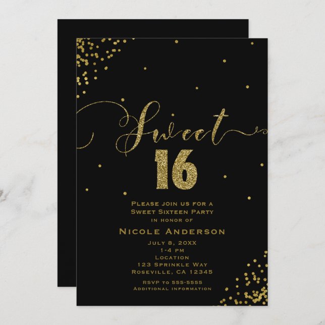 Invitation SWEET 16 Seize Coins Confetti Noir & Or (Devant / Derrière)