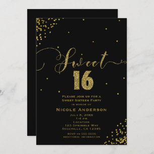Invitation SWEET 16 Seize coins Confetti Noir & Or