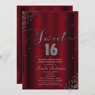 Invitation SWEET 16 Seize coins Confetti Rouge et Argent