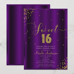 Invitation SWEET 16 Seize Coins de Confettis Violet et Or