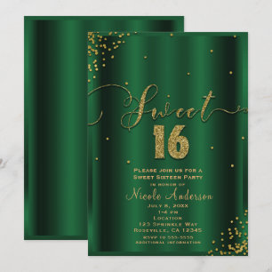 Invitation SWEET 16 Seize coins émeraude et or Confetti Corne