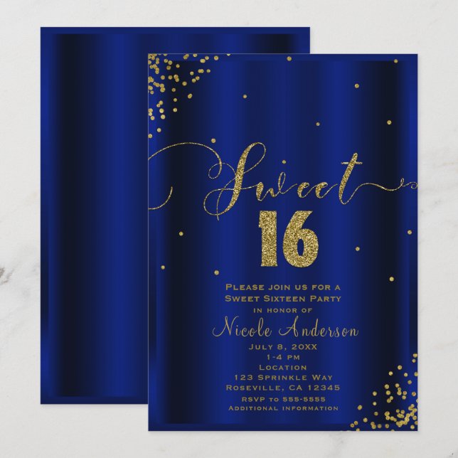 Invitation SWEET 16 Seize Coins Royaux Bleu Or Confettis (Devant / Derrière)