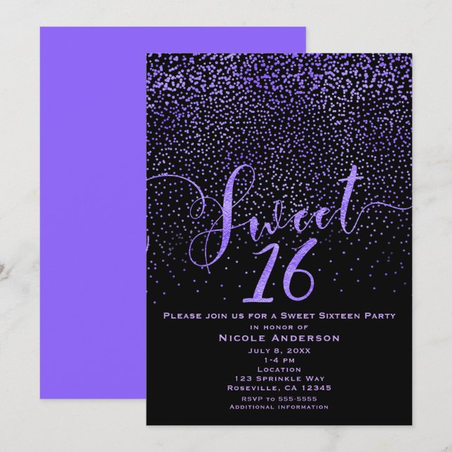 Invitation SWEET 16 Seize Confettis Modernes Violet & Noir (Devant / Derrière)