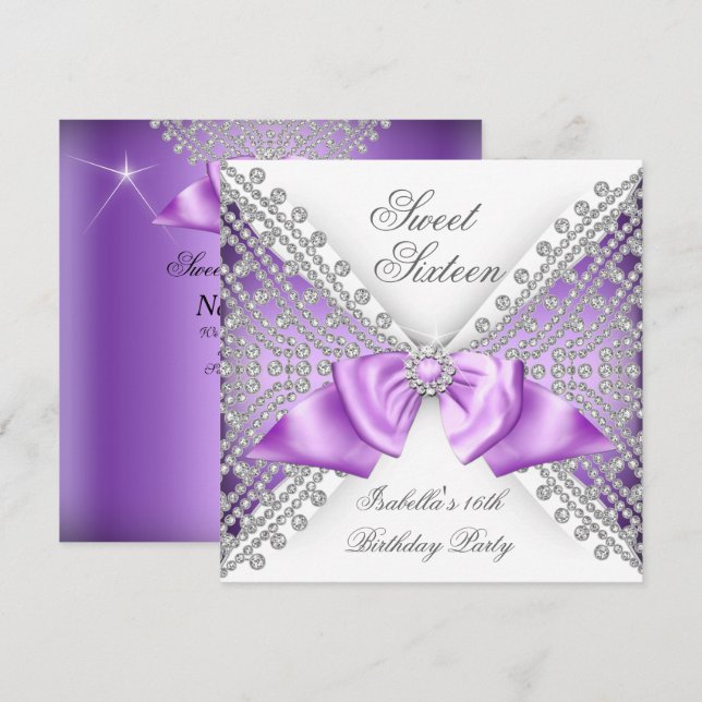 Invitation Sweet 16 Seize Diamants Fête Rose Blanc Violet (Devant / Derrière)