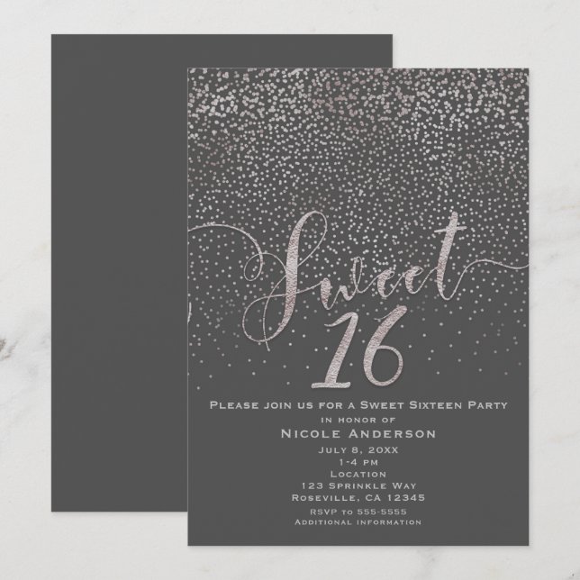 Invitation SWEET 16 Seize Moderne Confettis Gris Argent (Devant / Derrière)