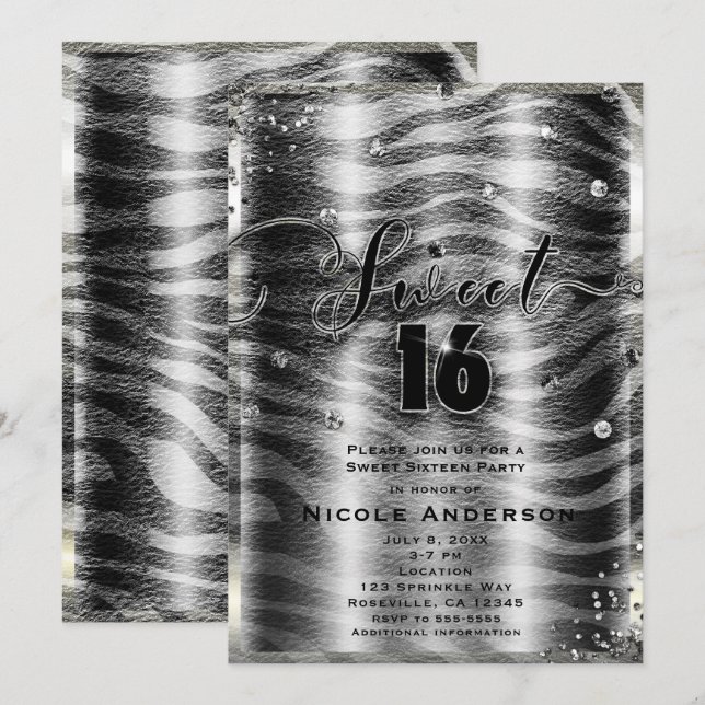 Invitation SWEET 16 Seize Noir Blanc Zèbre & Argent Bling (Devant / Derrière)