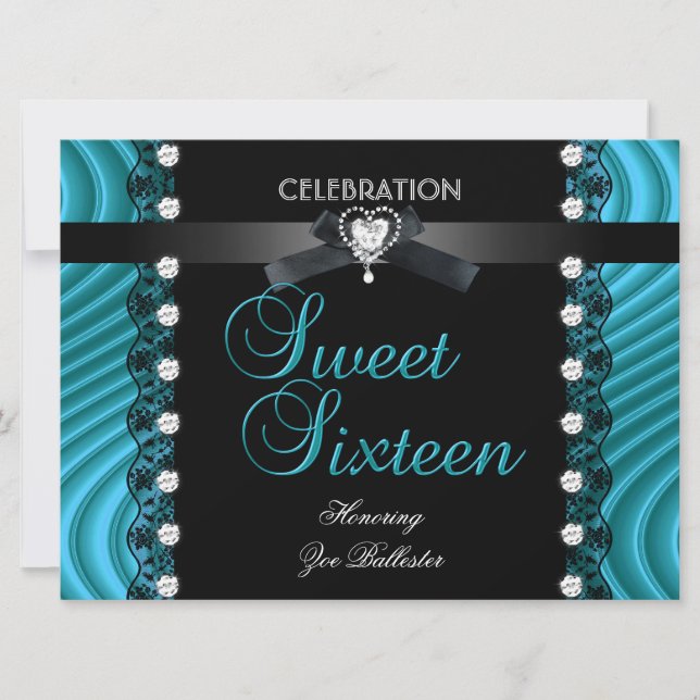 Invitation Sweet 16 Seize Noir Bleu Sarcelle Blanc Dentelle (Devant)