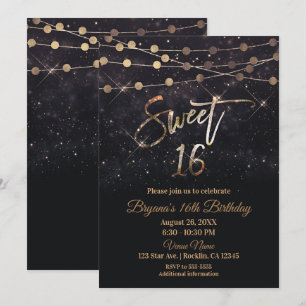 Invitation Sweet 16 Seize Noir & Or Lumières scintillantes