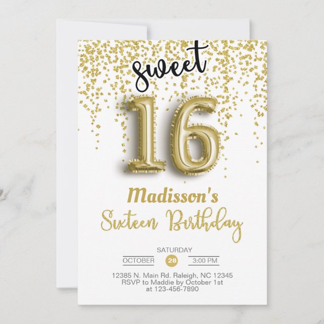 Invitation Sweet 16 seize or ballon fille anniversaire invita (Devant)