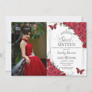 Invitation Sweet 16 Seize Papillons Roses Rouges Argent Photo