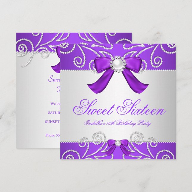 Invitation Sweet 16 Seize Purple Faux Pearl Diamond Party (Devant / Derrière)