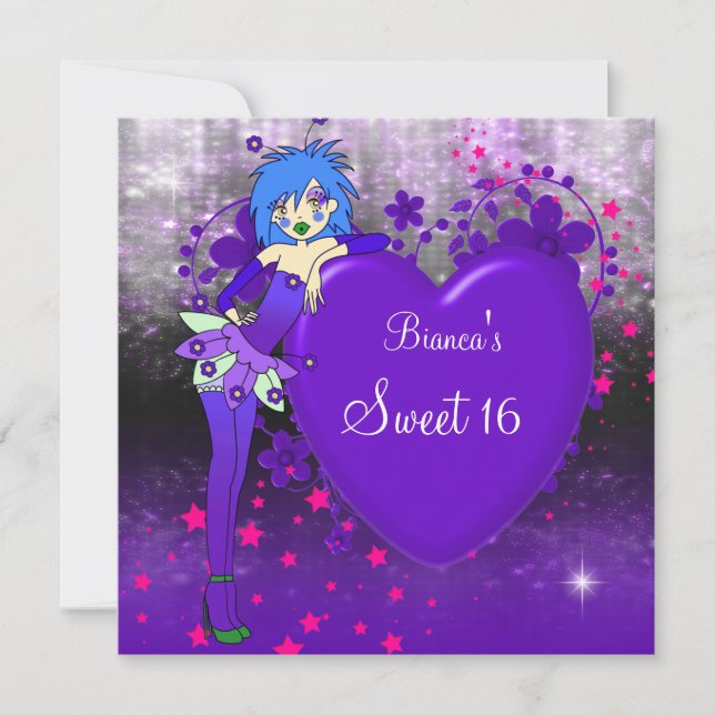Invitation Sweet 16 Seize Purple Heart Fairy Rose étoiles (Devant)