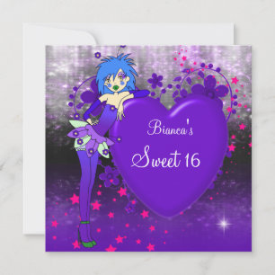Invitation Sweet 16 Seize Purple Heart Fairy Rose étoiles