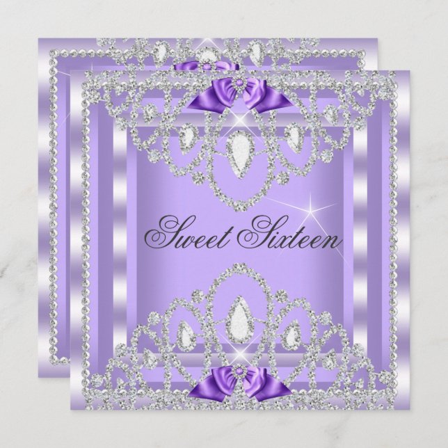 Invitation Sweet 16 Seize Purple Silver Diamond Party 3I (Devant / Derrière)