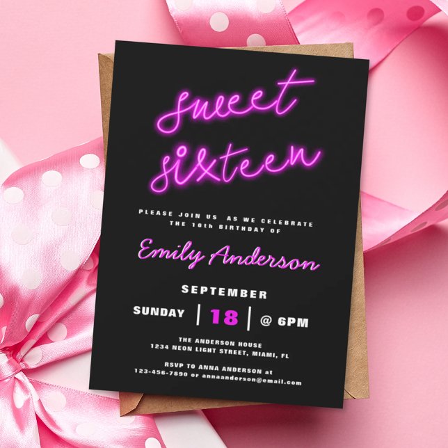 Invitation Sweet 16 Seize Retro Neon fête d'anniversaire (Créateur téléchargé)