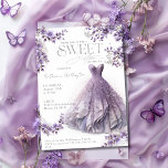 Invitation Sweet 16 Seize Robe Lilac Violet Floral<br><div class="desc">Ce design exquis présente une étonnante aquarelle représentant une robe violette glamour, entourée d'un délicat assortiment de fleurs violettes, complétée par de subtiles touches d'argent. Évoquant raffinement et charme, cette invitation donne le ton parfait pour une occasion mémorable. Que ce soit pour un dîner chic, un salon de jardin ou...</div>