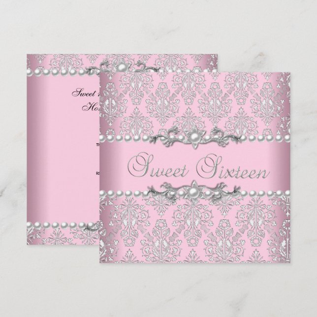 Invitation Sweet 16 Seize Rose Argent Blanc Perle Dentelle (Devant / Derrière)