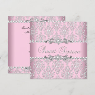 Invitation Sweet 16 Seize Rose Argent Blanc Perle Dentelle