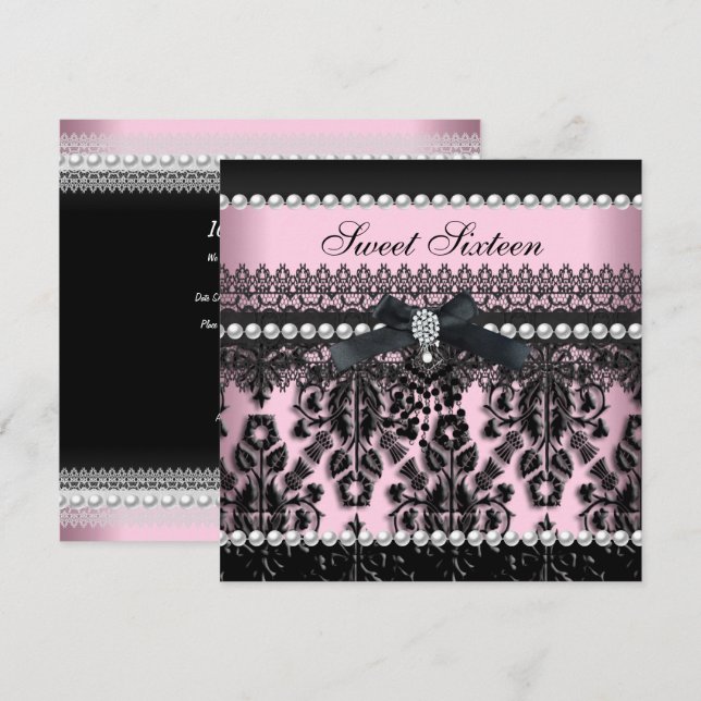 Invitation Sweet 16 Seize Rose Noir Perle Dentelle Damassé (Devant / Derrière)