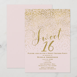 Invitation SWEET 16 Seize Rose Pâle & Confettis Dorés