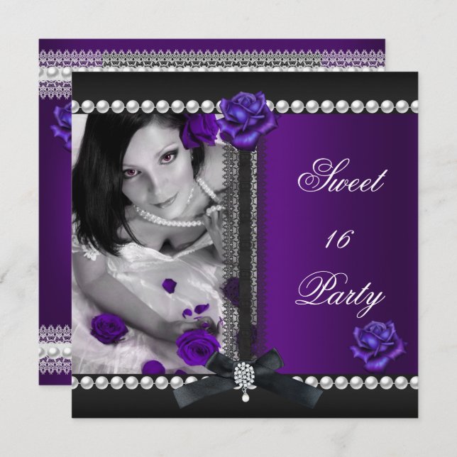 Invitation Sweet 16 Seize Rose pourpre Black Pearl (Devant / Derrière)