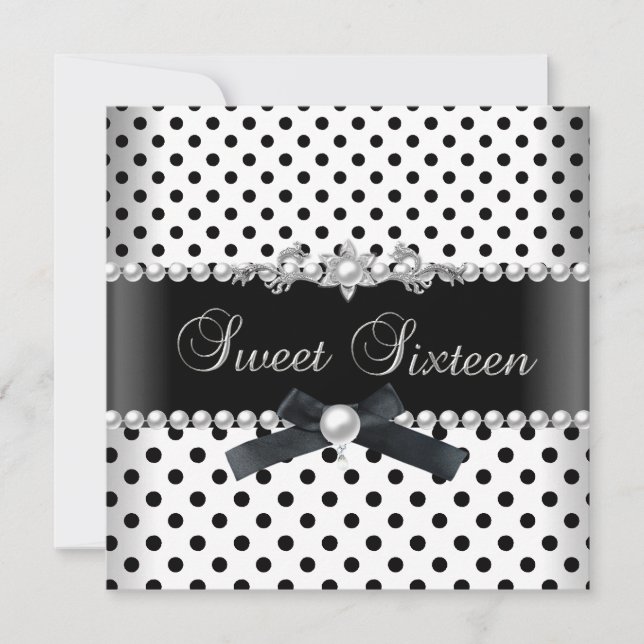 Invitation Sweet 16 Seize Tache noire Argent Blanc (Devant)