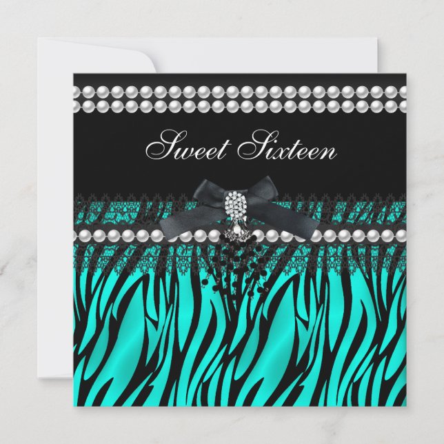 Invitation Sweet 16 Seize Turquoise Black Pearl Lace Zebra (Devant)