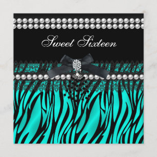 Invitation Sweet 16 Seize Turquoise Black Pearl Lace Zebra