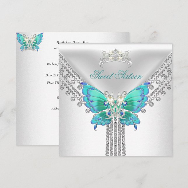 Invitation Sweet 16 Seize Turquoise Bleu Bleu Blancs Papillon (Devant / Derrière)