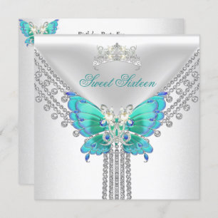 Invitation Sweet 16 Seize Turquoise Bleu Bleu Blancs Papillon