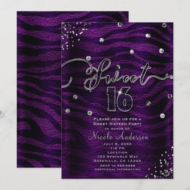 Invitation Sweet 16 Seize Zèbre Violet et Bling Argent (Devant / Derrière)