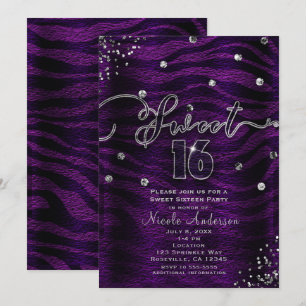 Invitation Sweet 16 Seize Zèbre Violet et Bling Argent