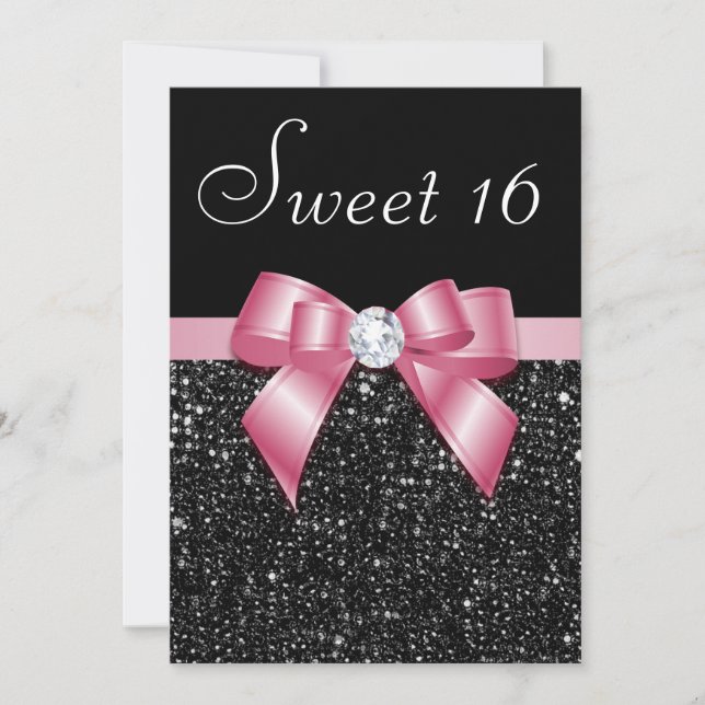 Invitation Sweet 16 Séquins de 16 Faux Diamants Bow noir rose (Devant)