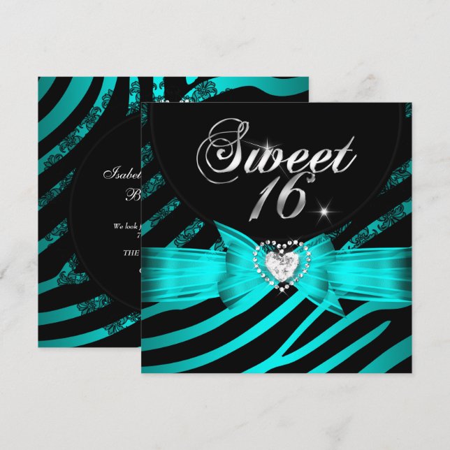 Invitation Sweet 16 Seteen Aqua Blue Black Zebra (Devant / Derrière)