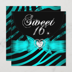 Invitation Sweet 16 Seteen Aqua Blue Black Zebra